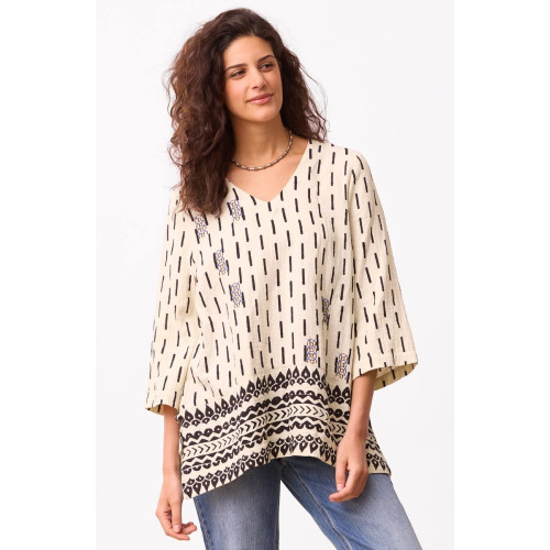 Zarine Double Gauze 3/4-Sleeve V-neck Tunic - Natural/Black Zarine Double Gauze 3/4-Sleeve V-neck Tunic - Natural/Black