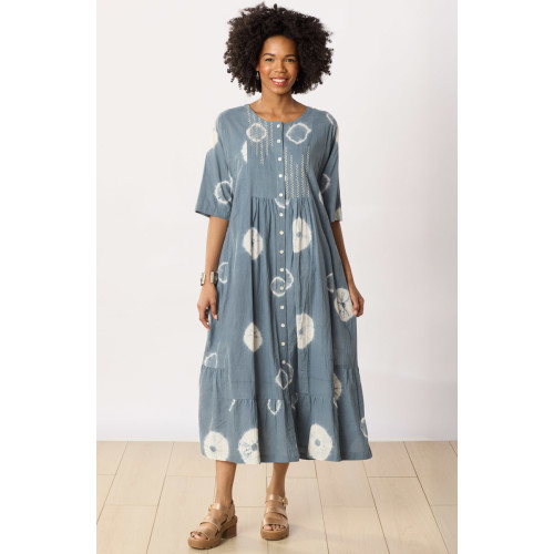 Avika Short-Sleeve Shibori Button-Down Long Dress - Pond