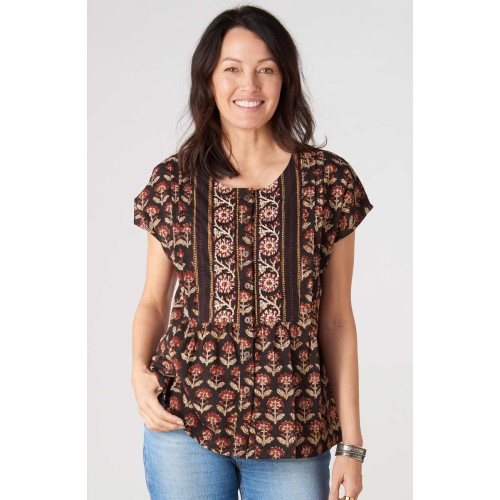 Shalu Cap Sleeve Button-Down Top - Black/Multi Shalu Cap Sleeve Button-Down Top - Black/Multi