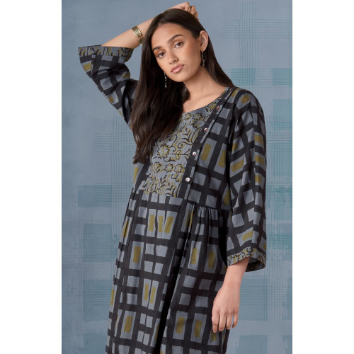 Tanuja Mixed Print Scoop-Neck Dress - Blue/Grey Tanuja Mixed Print Scoop-Neck Dress - Blue/Grey