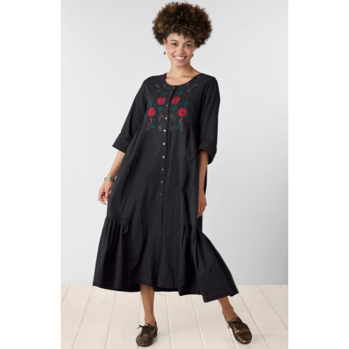 Shiroda Embroidered Organic Cotton Tiered Dress - Black Shiroda Embroidered Organic Cotton Tiered Dress - Black